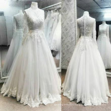 Charming High Neck Long Sleeves Lace Applique Luxury Long Wedding Bridal Ball Gown